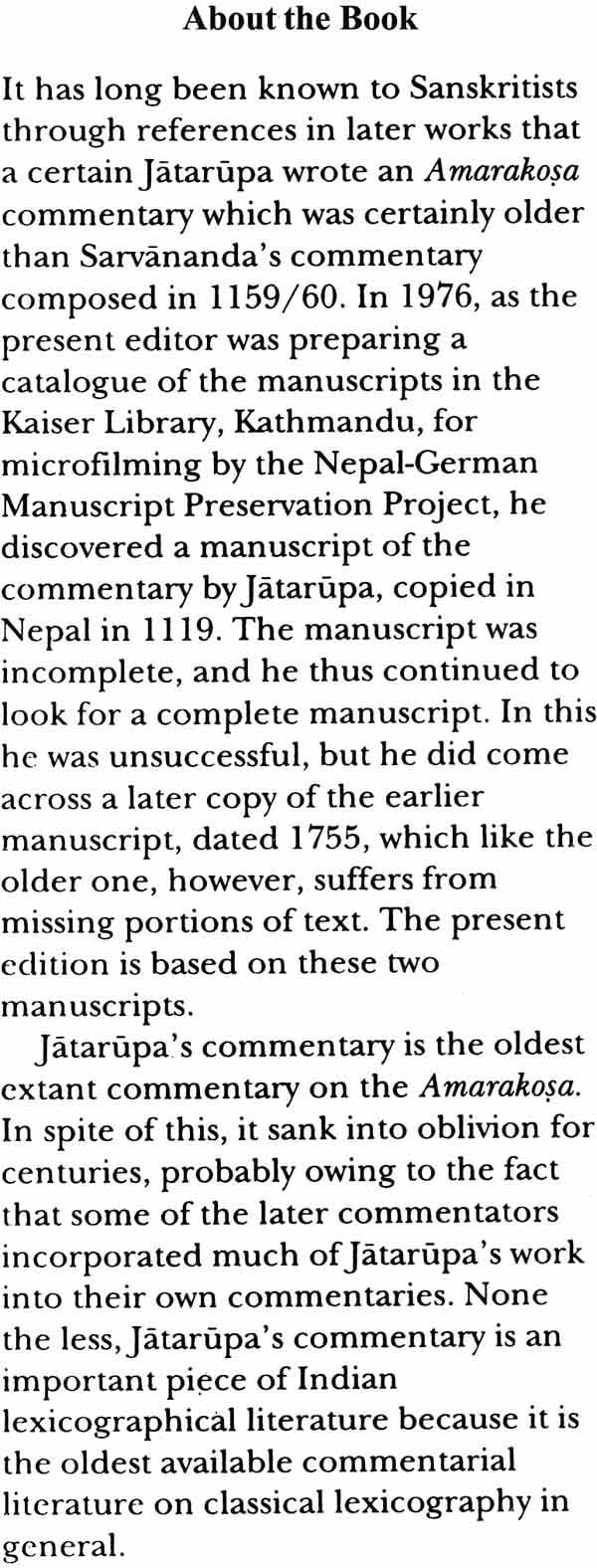 Jatarupa's Commentary on the Amarakosa (2 Parts): For the first time critically edited together with an Introduction, Appendices and Indices