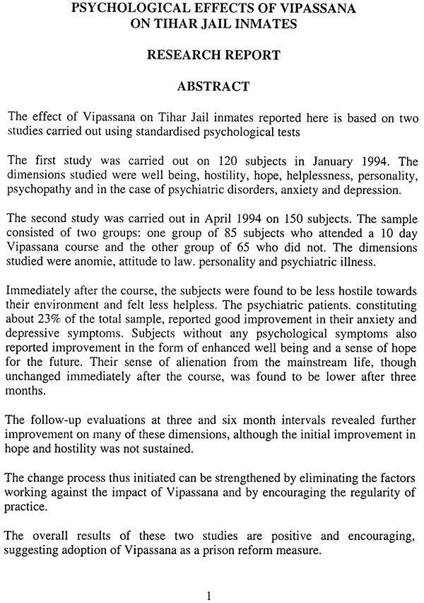 Psychological Effects of Vipassana on Tihar Jail Inmates